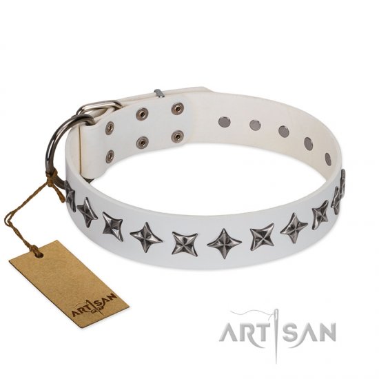 "Midnight Stars" FDT Artisan Fashionable Leather Dog Collar with Old Silver-like Plated Decorations 1 1/2 inch (40 mm) Wide