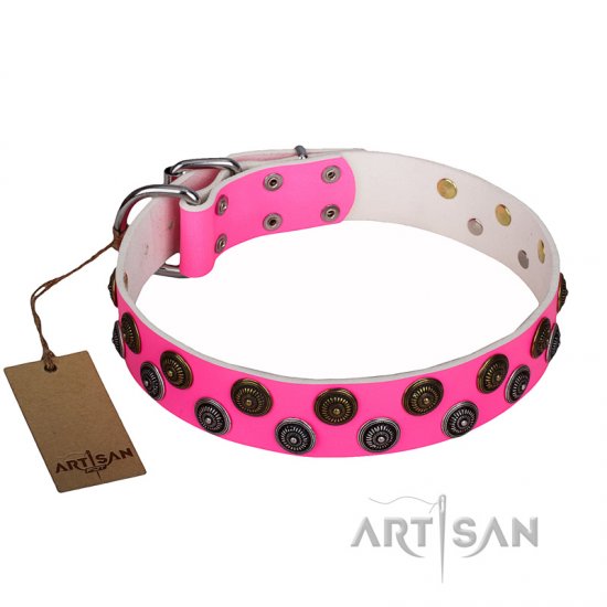 “Glamour Finery” FDT Artisan Female dog collar of natural leather with stylish old-looking circles - 1 1/2 inch (40 mm) wide