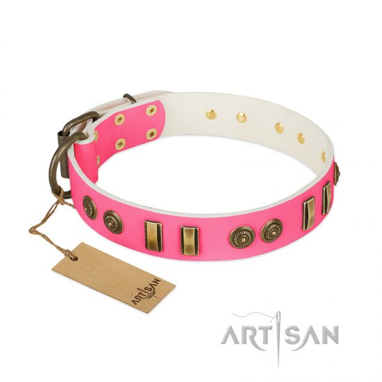 'Pink Amulet' FDT Artisan Leather Dog Collar with Old Bronze-like Plates and Circles - 1 1/2 inch (40 mm) wide