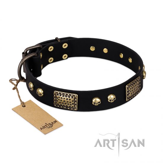 'Biker Style' FDT Artisan Black Leather Dog Collar with Old Bronze Look Plates and Skulls - 1 1/2 inch (40 mm) wide
