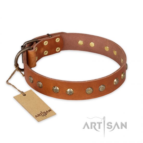 'Spring Flavor' FDT Artisan Adorned Leather Dog Collar with Old Bronze-Plated Engraved Studs 1 1/2 inch (40 mm) Wide