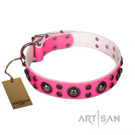 ‘Rich Berry’ FDT Artisan Extravagant Pink Leather Dog Collar with Decorations
