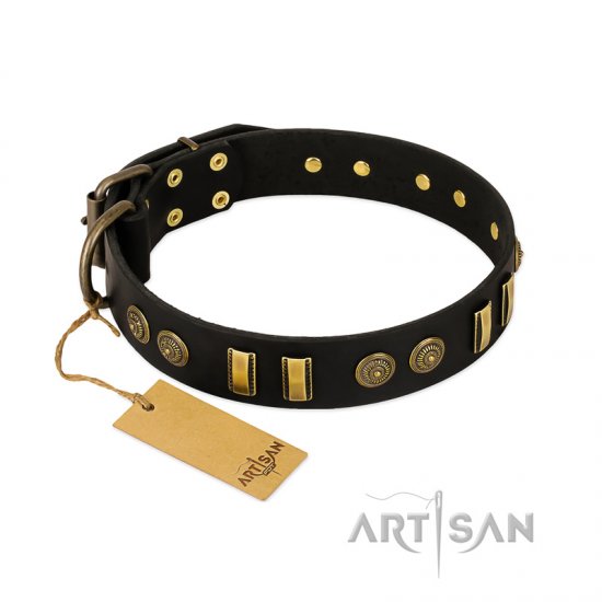 'Simple Elegance' FDT Artisan Black Leather Dog Collar with Old Bronze-like Plates and Circles - 1 1/2 inch (40 mm) wide