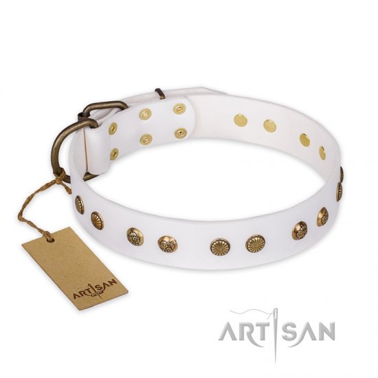 'Midnight Sun' FDT Artisan White Leather Dog Collar with Decorations