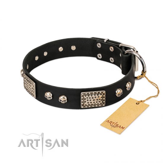 'Pirates Gold' FDT Artisan Black Leather Dog Collar with Old Silver Look Plates and Skulls - 1 1/2 inch (40 mm) wide