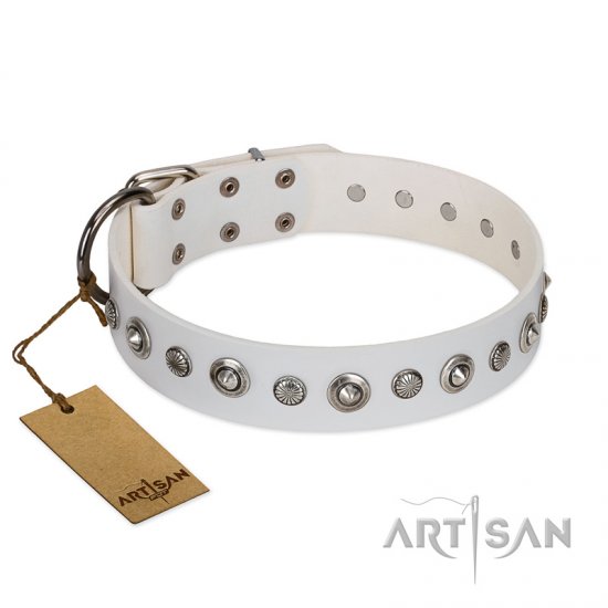 "Infinite Purity" White FDT Artisan Leather Dog Collar with Elegant Decorations