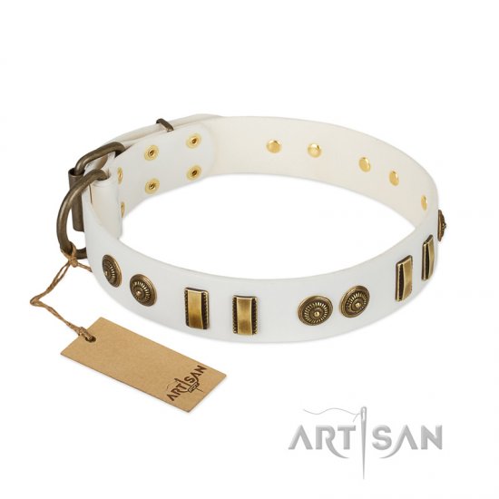 'Midsummer Snow' FDT Artisan White Leather Dog Collar with Old Bronze-like Plates and Circles - 1 1/2 inch (40 mm) wide