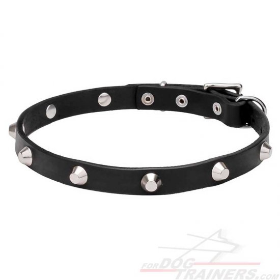 "Beauty & Elegance" Leather Dog Collar with Cones Made of Chrome Plated Steel