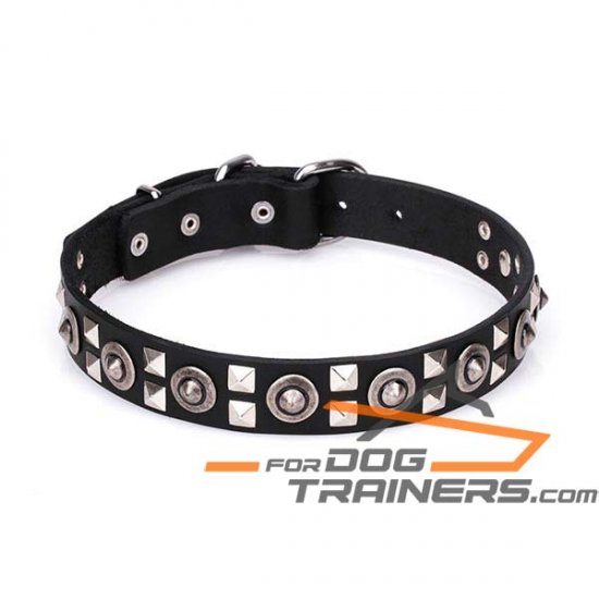 ‘Spaceman Style’ Leather Dog Collar with Chrome Plated Steel Hardware 1 1/5 inch (30 mm) Wide