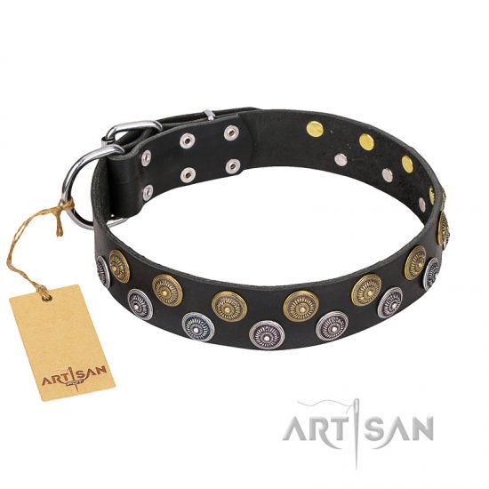 ‘Romantic Breeze’ FDT Artisan Black Leather Dog Collar with Sparkling Circles