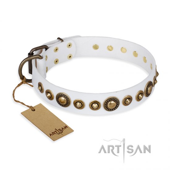'Swirl of Fashion' FDT Artisan Delicate White Leather Dog Collar with Stunning Bronze-Plated Round Studs