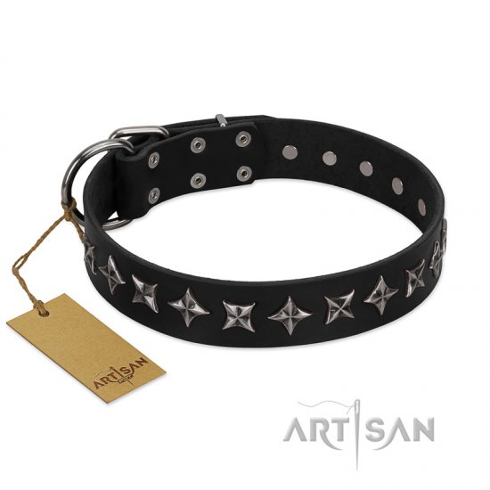 "Lights-out" FDT Artisan Black Leather Dog Collar with Silver-like Set of Stars