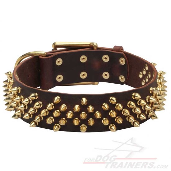 'Pricky Pet' Leather Dog Collar with Brass-Plated Spikes Set in Waves