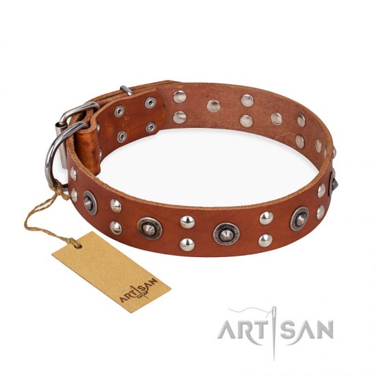 'Silver Elegance' FDT Artisan Decorated Leather Dog Collar with Old Silver-Like Plated Studs and Cones 1 1/2 inch (40 mm) Wide