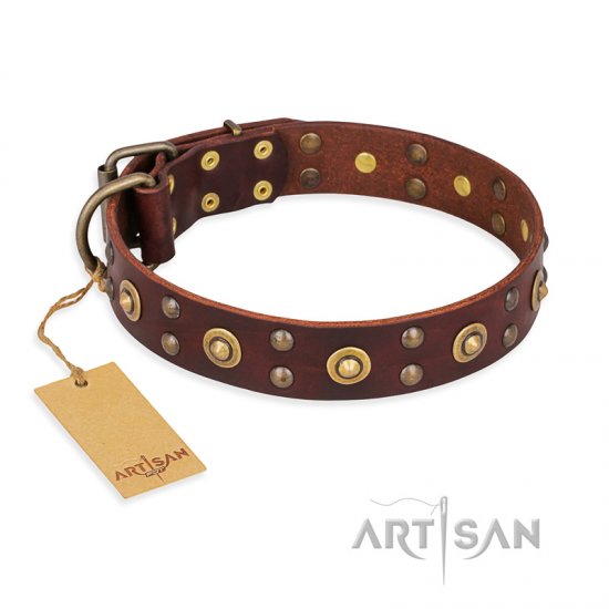 ‘Caprice of Fashion’ FDT Artisan Brown Leather Dog Collar with Round Decorations - Click Image to Close