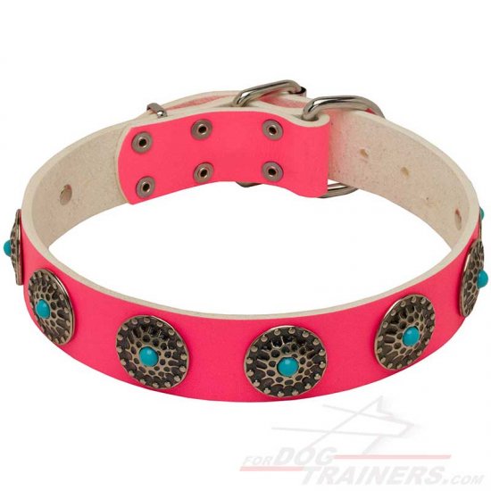 Pink Leather Dog Collar with Studs for Walking