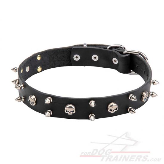 "Jolly Roger" Leather Dog Collar with Skulls and 2 Rows of Spikes