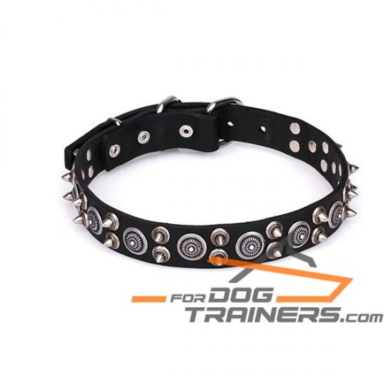 'Hollywood Chic' Decorated Leather Dog Collar with Circles and Spikes