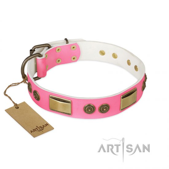 'Sunrise Glow' FDT Artisan Pink Leather Dog Collar with Old Bronze Look Plates and Round Studs - 1 1/2 inch (40 mm) wide