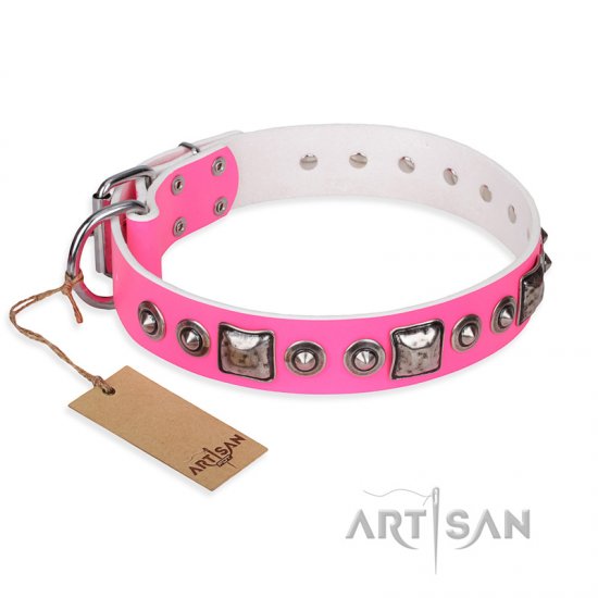 'Pink Dream' FDT Artisan Leather Dog Collar with Silvery Decorations - 1 1/2 inch (40 mm) wide