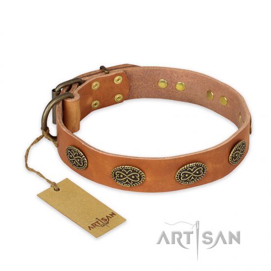 'Magic Amulet' FDT Artisan Tan Leather Dog Collar with Oval Studs - Click Image to Close