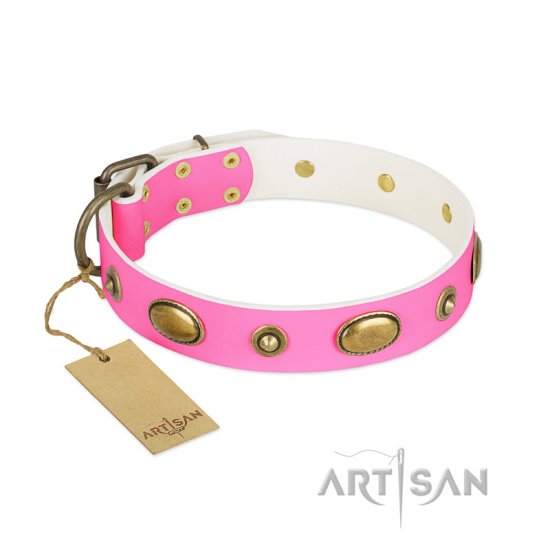 'Beauty Queen' FDT Artisan Pink Leather Dog Collar with Gentle Decorations - 1 1/2 inch (40 mm) wide