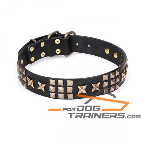 ‘Pharaoh’s Necklace’ Wide Leather Dog Collar with Old Bronze-Plated Hardware 1 3/5 inch (40 mm) Wide