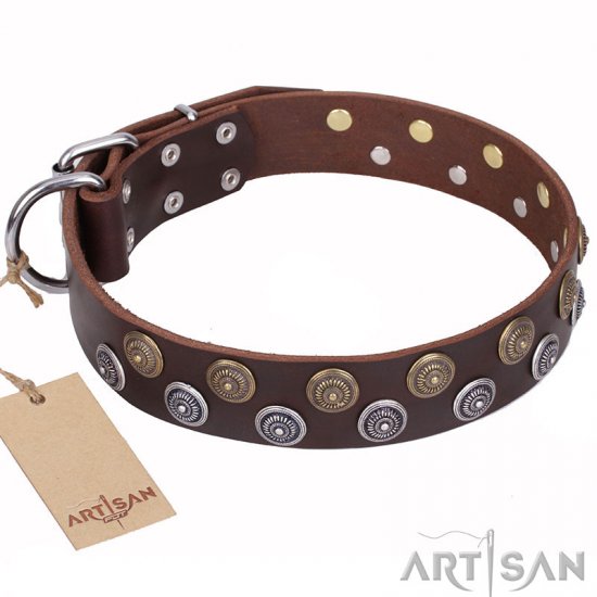 “Strong Shields” FDT Artisan leather dog collar with stylish decorations - 1 1/2 inch (40 mm) wide