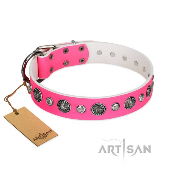 "Glamorous Shine" FDT Artisan Stylish Leather Dog Collar with Old Silver-like Plated Decorations 1 1/2 inch (40 mm) Wide