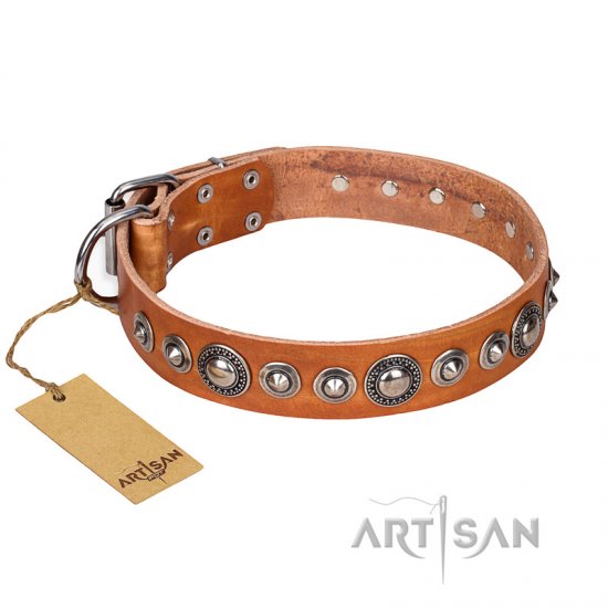 ‘Daily Chic’ FDT Artisan Tan Leather Dog Collar with Decorations - Click Image to Close