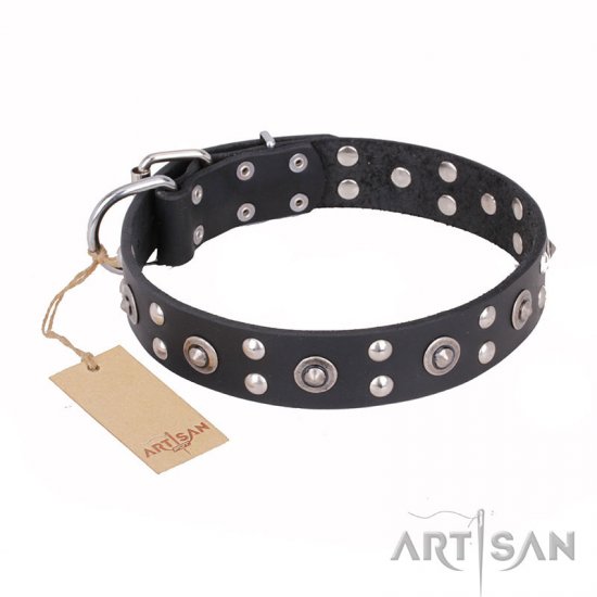 ‘Refined Essence’ FDT Artisan Black Leather Dog Collar with Silvery Studs - 1 1/2 inch (40 mm) Wide