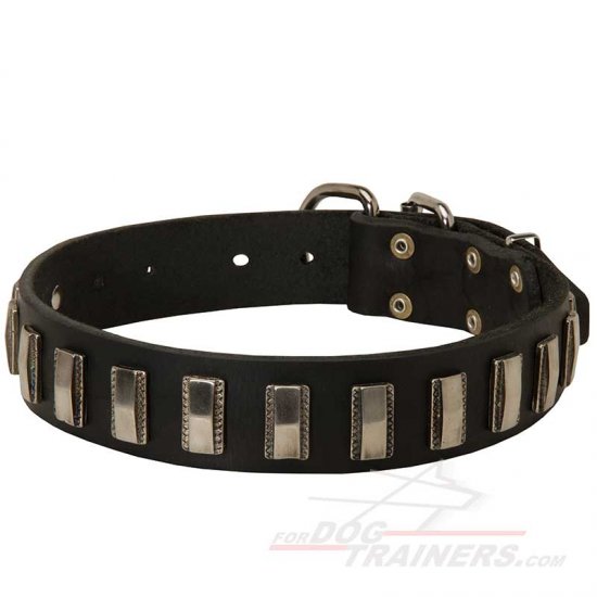 Dazzling Leather Dog Collar with Shiny Plates - Click Image to Close