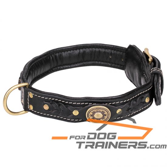 'Pleasant Touch' Nappa Padded Leather Dog Collar with Decorative Elements