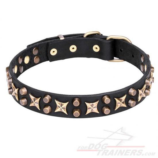 "Hollywood Star" Leather Dog Collar with Stars and Pyramids 1 1/4 inch (30 mm) Wide