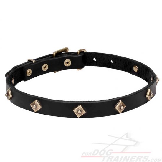 'Rhombi' Leather Dog Collar with Brass Decorations