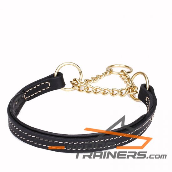 "Impossible Escape" Martingale Leather Dog Collar with Gold-Like Plated Chain 1 inch (25 mm) wide