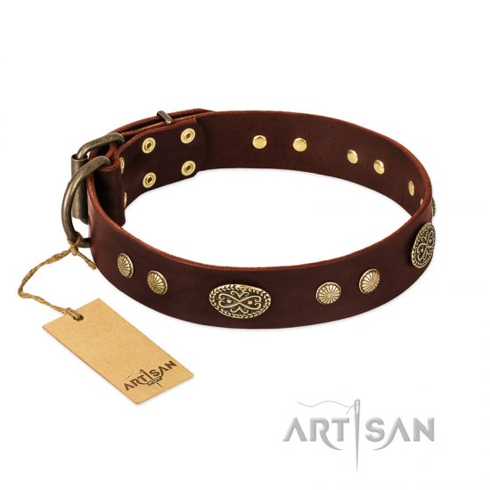 'Old-fashioned Glamor' FDT Artisan Brown Leather Dog Collar with Old Bronze Look Plates and Circles - 1 1/2 inch (40 mm) wide