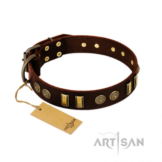 'Golden Elegance' FDT Artisan Brown Leather Dog Collar with Old Bronze-like Decorations - 1 1/2 inch (40 mm) wide