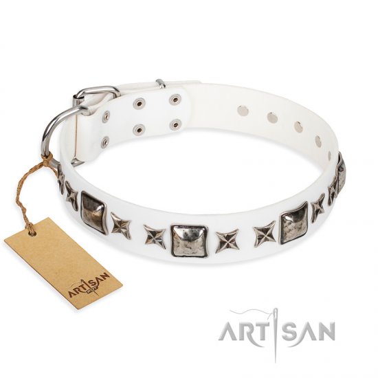 ‘Intergalactic Travelling’ FDT Artisan Handcrafted White Leather Dog Collar