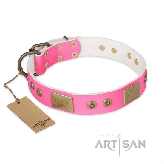 'Pink World' FDT Artisan Pink Leather Dog Collar with Old Bronze Look Plates and Studs - 1 1/2 inch (40 mm) wide