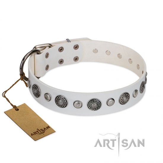 "Fluff-Stuff Beauty" FDT Artisan White Leather Dog Collar with Silver-like Studs and Conchos - 1 1/2 inch (40 mm) wide