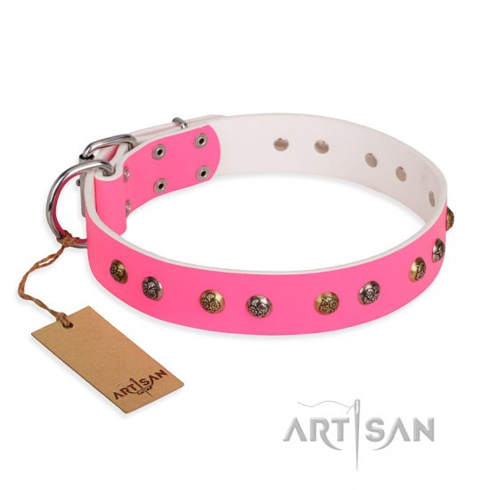 ‘Sheer love’ Pink Leather FDT Artisan Dog Collar with Old-look Hemisphere Studs - 1 1/2 inch (40 mm) wide