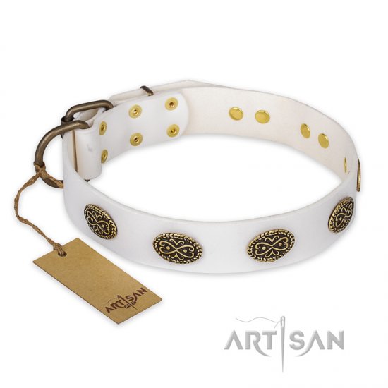 ‘Lovely Lace’ FDT Artisan White Leather Dog Collar with Old Bronze Look Ovals - 1 1/2 inch (40 mm) wide