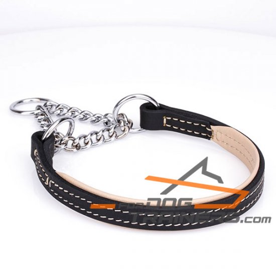 ‘Maximum Comfort’ Nappa Padded Leather Choke Collar with Chrome-plated Chain for Large Dogs - 4/5 inch (25 mm) wide