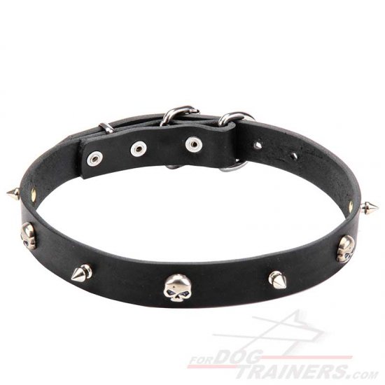 "Pirate" Black Leather Dog Collar with Nickel Plated Spikes and Skulls