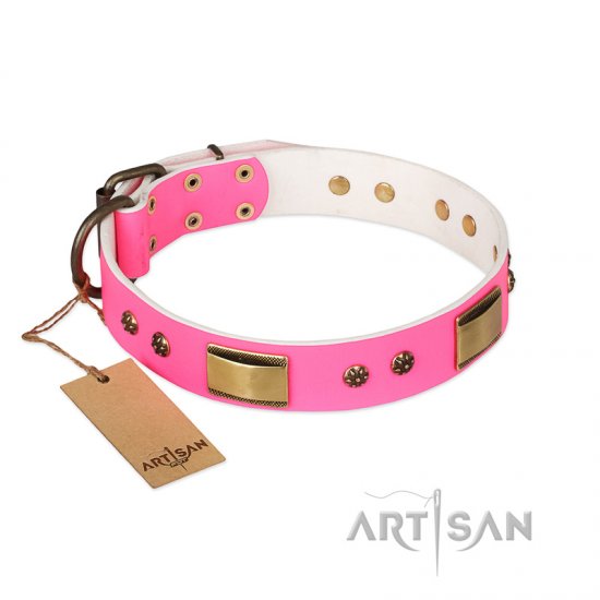 'Pink Daydream' FDT Artisan Pink Leather Dog Collar with Old Bronze Look Plates and Studs - 1 1/2 inch (40 mm) wide