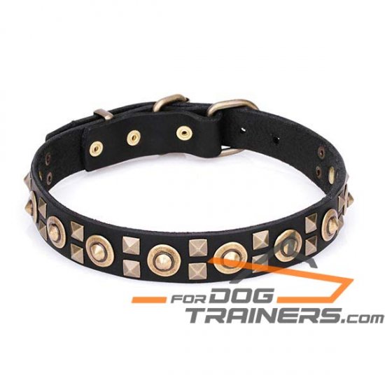 ‘Futuristic style’ Leather Canine Collar with Old Bronze-plated Decoration