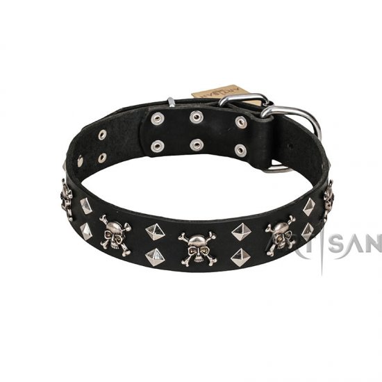 FDT Artisan Fancy Rock 'n' Roll Style Black Leather Dog Collar with Skulls, Bones and Studs 1 1/2 inch (40 mm) wide