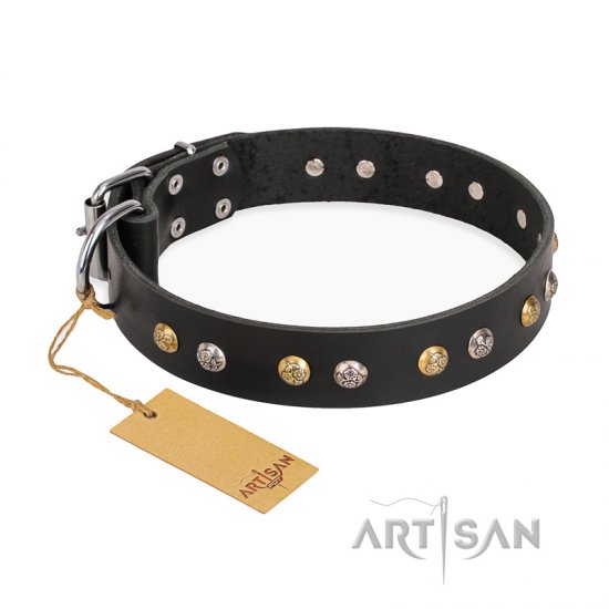 'Jewelry Peas' FDT Artisan Decorated Black Leather Dog Collar