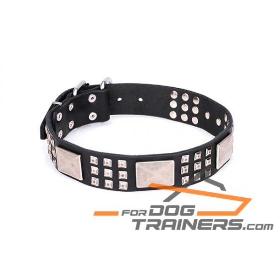 'Power’n’Strength' Premium Leather Dog Collar with Old Silver-Like Decoration 1 1/2 inch (40 mm) wide